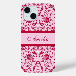 Elegante Bloemrijke Roze en Rode Damast iPhone 15 Case