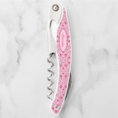 Elegante Bloemrijke Roze en Rode Damast Kurkentrekker (Voorkant)