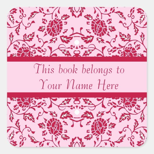 Elegante Bloemrijke Roze en Rode Damast Vierkante Sticker (Voorkant)