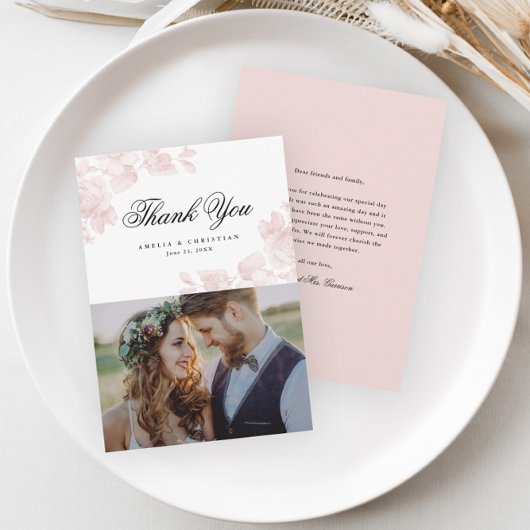 Elegante Bloemrijke Script Bruiloftsfoto Bedankkaart