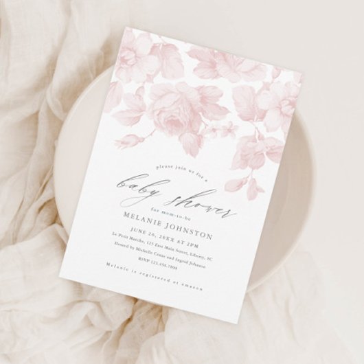 Elegante Bloemrijke Script Roze Baby Shower Kaart
