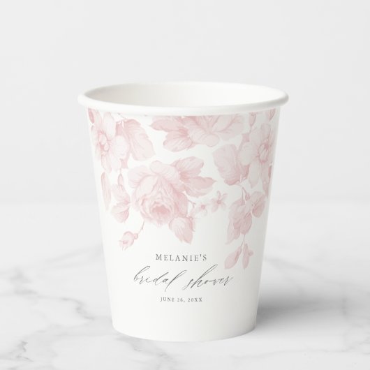 Elegante Bloemrijke Script Roze Bruidsdouche Papieren Bekers (Voorkant)