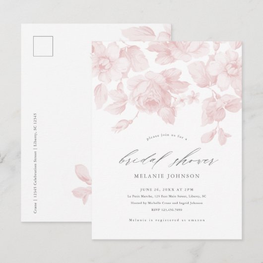 Elegante Bloemrijke Script Roze Bruidsdouche Uitnodiging Briefkaart (Voorkant / Achterkant)