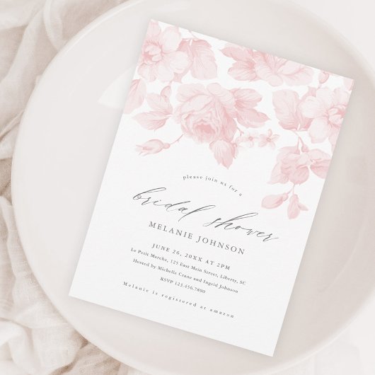 Elegante Bloemrijke Script Roze Bruidsuitnodiging Kaart