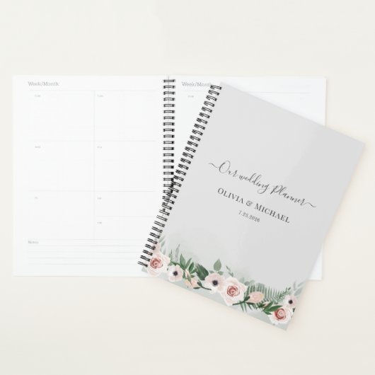 Elegante Bloemrijke Script Waterverf Bruiloft Planner (Display)