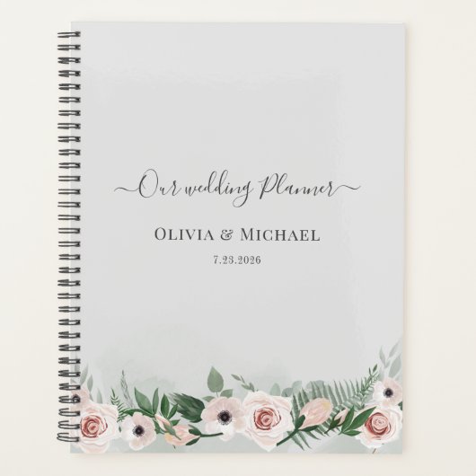 Elegante Bloemrijke Script Waterverf Bruiloft Planner (Voorkant)