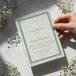 Elegante bloemrijke toile script monogram groene t folie uitnodiging