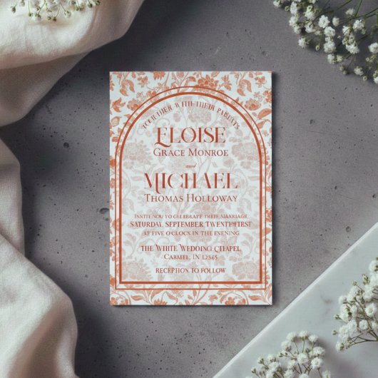 Elegante Bloemrijke Toile Script Terracotta Rode H Kaart