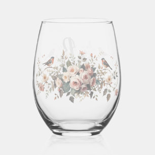 Elegante bloemrijke vogel Monogram Script Naam Bru Wijnglas Zonder Voet