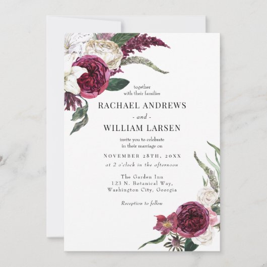 Elegante bloemrijke waterverf bruiloft in bordeaux kaart (Voorkant)