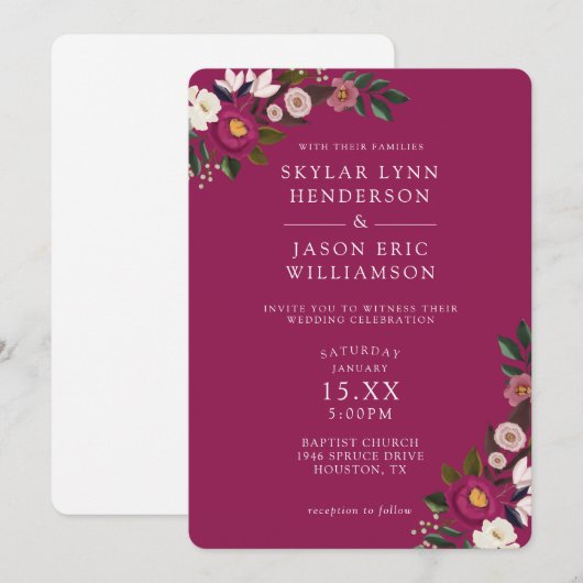 Elegante Bloemrijke Waterverf Burgundy Bruiloft Kaart (Voorkant / Achterkant)