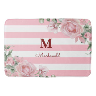 Elegante bloemrozen gestreepte monogram badmat