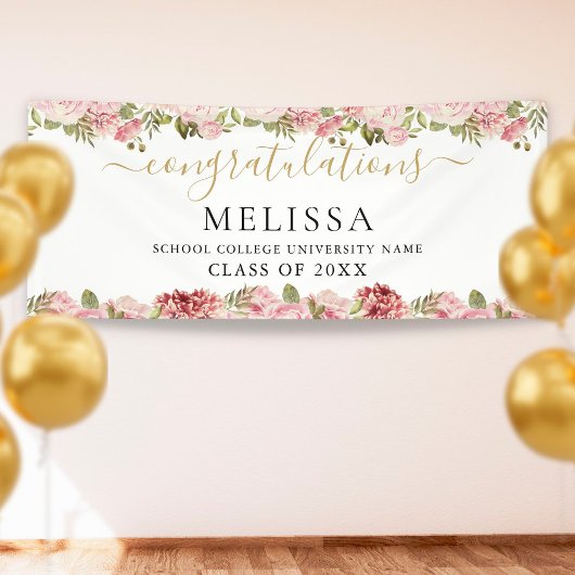 Elegante bloemrozen gouden script afstuderen spandoek