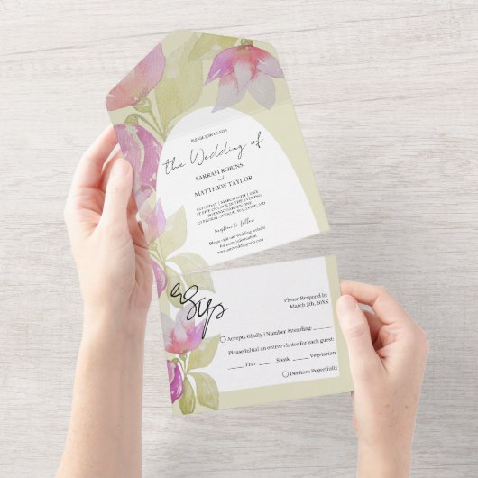 Elegante bloemsalie groen en roze all in one uitnodiging (Afscheurbaar)