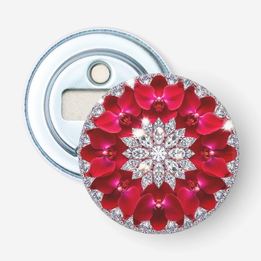 Elegante bloemschikking met rode orchideeën button flesopener (Voorkant)