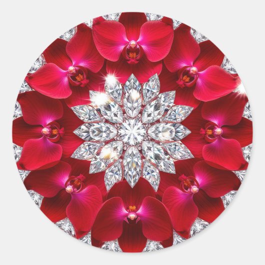 Elegante bloemschikking met rode orchideeën ronde sticker (Voorkant)