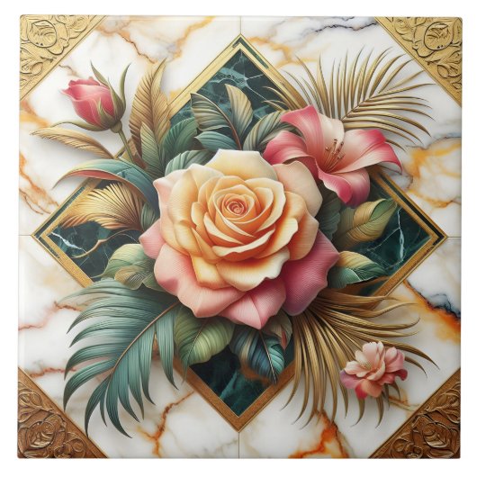 Elegante bloemschikking met Rozen en bladeren Tegeltje (Voorkant)