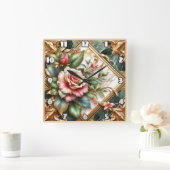 Elegante bloemschikking met Rozen en bladeren Vierkante Klok (Huis)