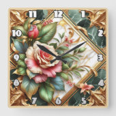 Elegante bloemschikking met Rozen en bladeren Vierkante Klok (Voorkant)