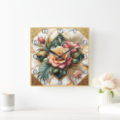 Elegante bloemschikking met Rozen en bladeren Vierkante Klok (Huis)