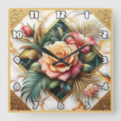 Elegante bloemschikking met Rozen en bladeren Vierkante Klok (Voorkant)