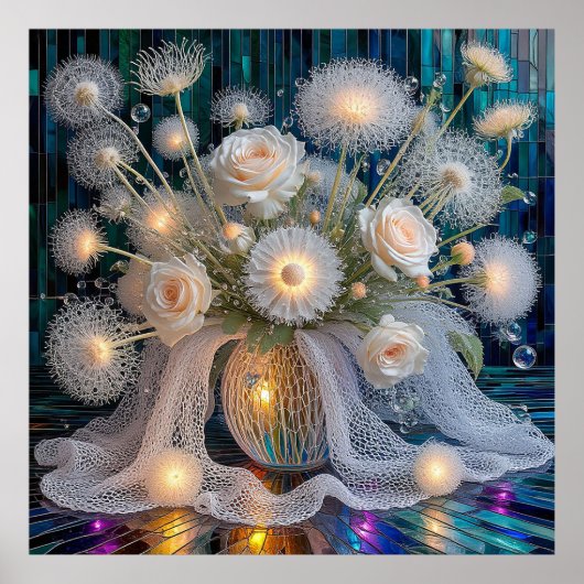 Elegante bloemschikking met verlichte rozen poster (Voorkant)