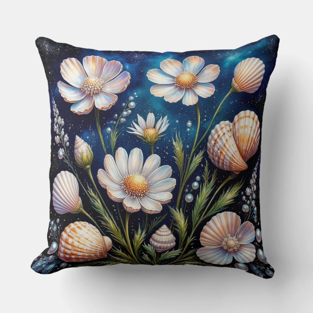 Elegante bloemschikking met zeeschelpen kussen (Voorkant)