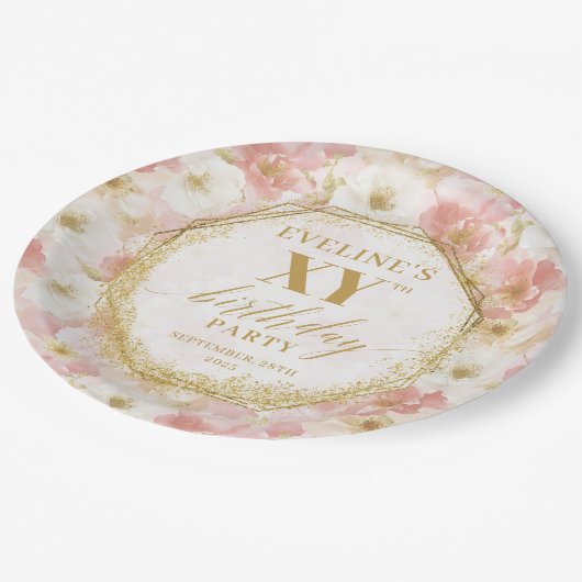 Elegante Bloemstof Roze Verjaardag Papier Borden Papieren Bordje (Gekanteld)