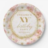 Elegante Bloemstof Roze Verjaardag Papier Borden Papieren Bordje (Voorkant)