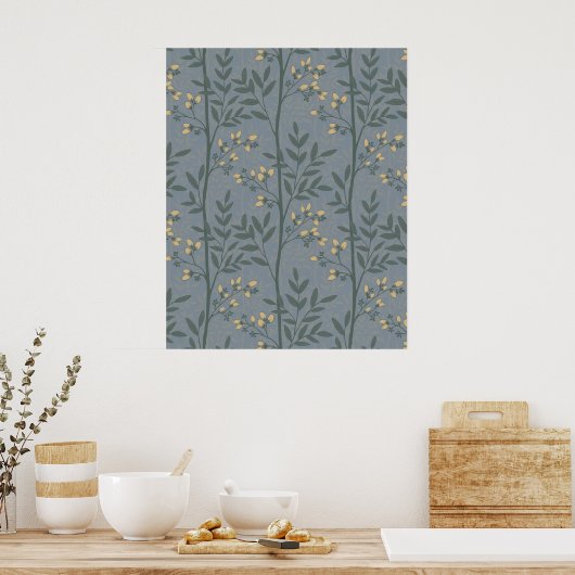 Elegante bloemstreep blauwe botanische kunst poster (Keuken)