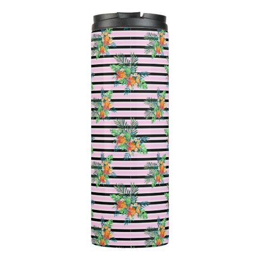 Elegante bloemstrepen - zwarte en roze bloem thermosbeker (Achterkant)