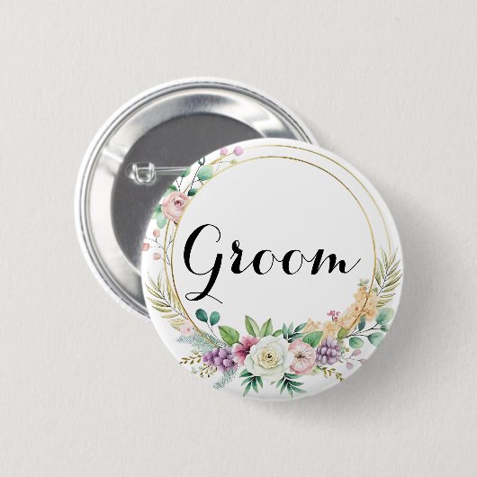 Elegante bloemstuk voor de bruidegom - eigen tekst ronde button 5,7 cm (Voorkant /achterkant)