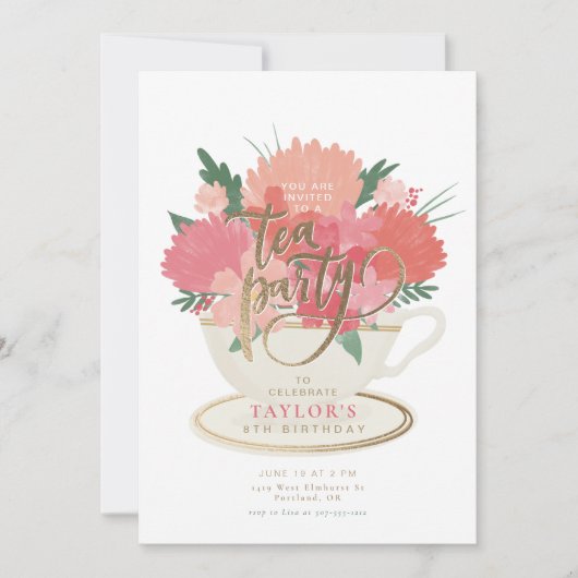 Elegante bloemtheekopje theepartij uitnodiging (Voorkant)