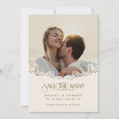 Elegante Bloemtypografie Foto Bruiloft Save The Date (Voorkant)