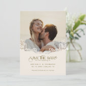 Elegante Bloemtypografie Foto Bruiloft Save The Date (Staand voorkant)