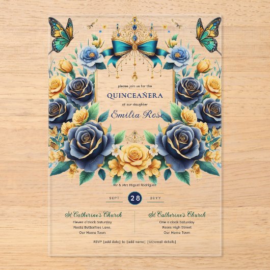 Elegante bloemvlinders QUINCEANERA helder  Acryl Uitnodigingen (Voorkant)