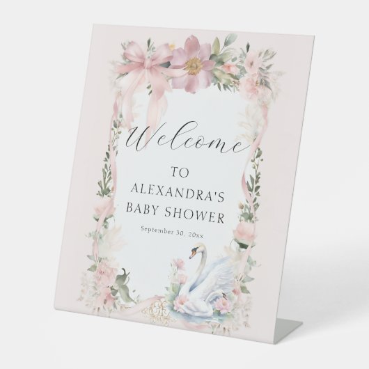 Elegante Bloemzwanen Roze Lint Meisje Baby shower Reclamebord Met Voetstuk (Voorkant)