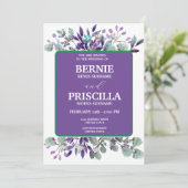 Elegante bloesem bloemenwitte tekst Paarse bruilof Kaart (Staand voorkant)