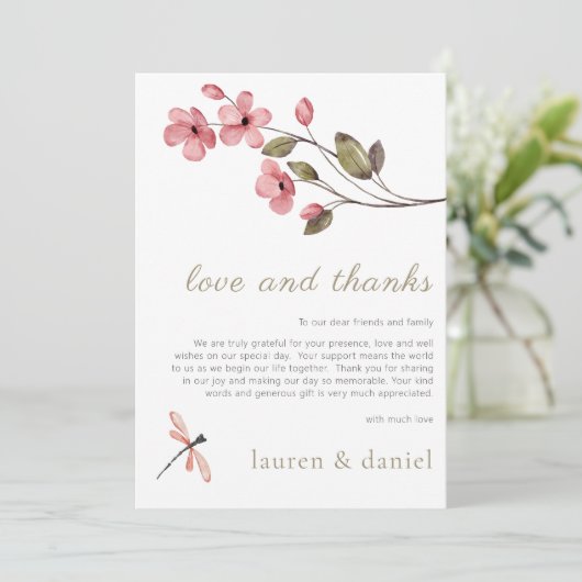 Elegante bloesem libel bruiloft dank u kaart (Staand voorkant)