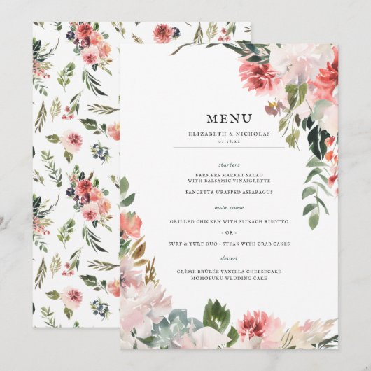 Elegante bloesems | Lente Bloemen Bruiloft Menu Kaart (Voorkant / Achterkant)