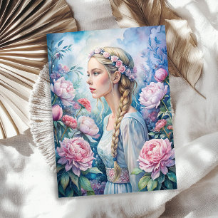 Elegante  blonde vrouw roze pioenen tissuepapier