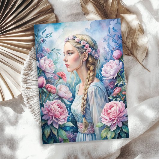 Elegante  blonde vrouw roze pioenen tissuepapier