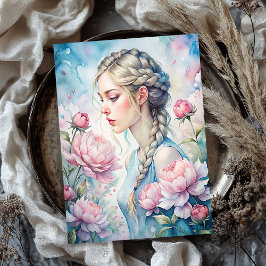 Elegante  blonde vrouw shabby roze pioenen tissuepapier