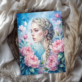 Elegante  blonde vrouw shabby roze pioenen tissuepapier