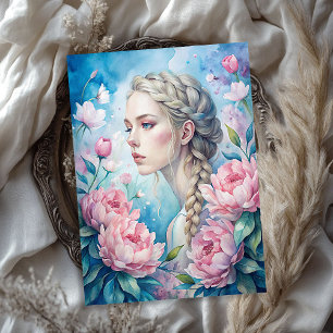 Elegante  blonde vrouw shabby roze pioenen tissuepapier