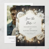 Elegante Bloom Witte Rozen bruiloft Save The Date (Voorkant / Achterkant)