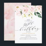 Elegante blos bloemen en eucalyptus 90ste verjaard kaart<br><div class="desc">Een elegant ontwerp voor een elegante en vrouwelijke vrouw. Het ontwerp is voorzien van een waterverf blush roze en witte bloemen samen met eucalyptus en ander groen topjes samen de 90e verjaardagsfeestinformatie, een elegante kalligrafie script typografie maakt de koptekst opvallen. Deze 90e verjaardagsfeestuitnodiging is geweldig voor een lente- of zomerfeest....</div>