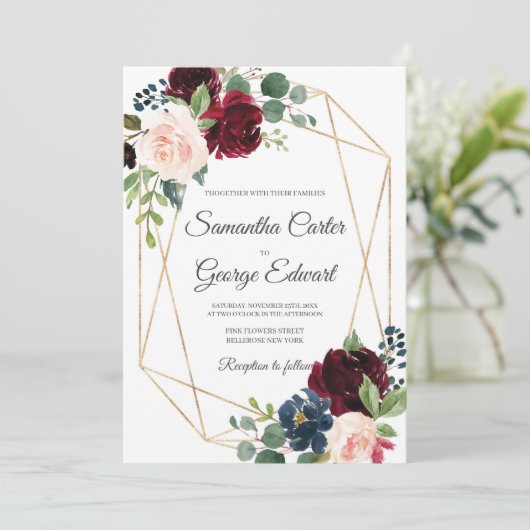 Elegante blos bordeaux en roze en marine bloemen kaart (Staand voorkant)