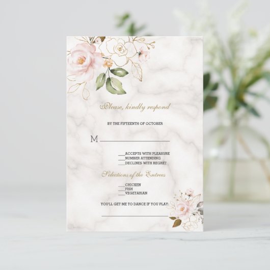 Elegante Blozende Gouden Bloemen Lied Verzoek Trou RSVP Kaartje (Staand voorkant)