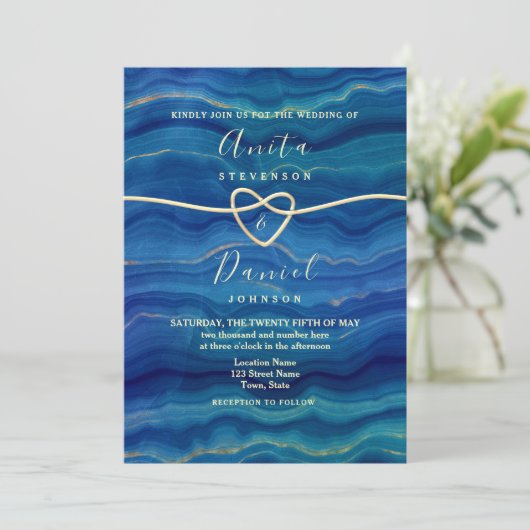 Elegante Blue Beach Wave Gold bruiloft Kaart (Staand voorkant)